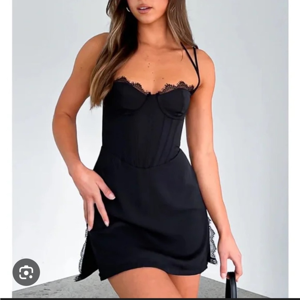 NWT!! White Fox Black Satin Slip Dress with Lace Trim